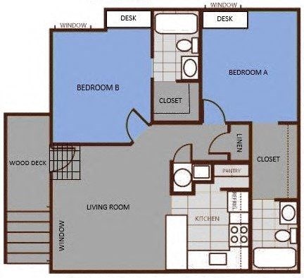 Floor plan for 2 beds, 2 baths, 393 sqft